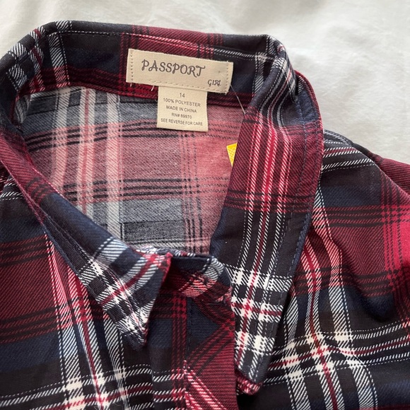 NWT: burgundy & navy plaid passport button up shirt - Picture 2 of 7